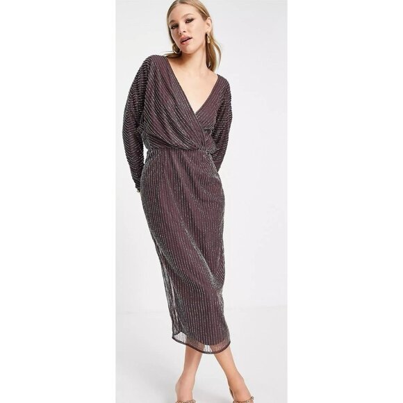 ASOS DESIGN Size 12 Mauve Purple gold linear embellished batwing midi dress - Picture 15 of 15